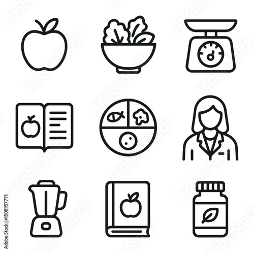 Nutrition Icons Grid. Outline icon set of nutrition counseling sessions: apple, leafy salad, kitchen scale, food journal,