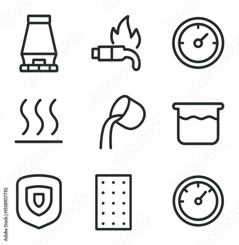 Industrial Furnace Icons. Outline icon set of industrial furnace: blast furnace, flame nozzle, control gauge, heat waves, molten