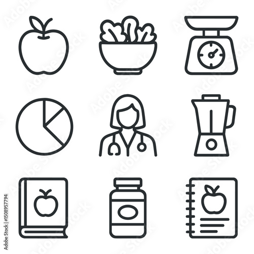 Nutrition Icons Grid. Outline icon set of nutrition counseling sessions: apple, leafy salad, kitchen scale, food journal,