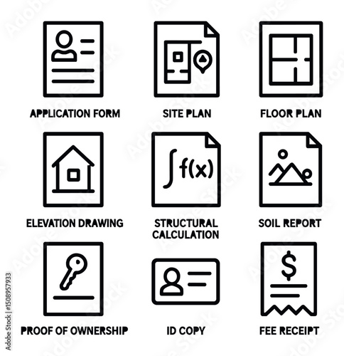 Permit Documents Icons. Outline icon set of permit application documents: application form, site plan, floor plan, elevation