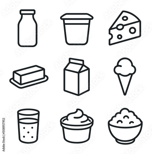 Organic Dairy Icons. Outline icon set of organic dairy products: milk bottle, yogurt cup, cheese wedge, butter stick, cream carton