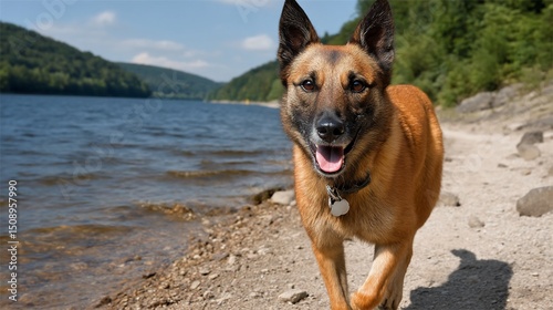 Happy dog walks by a lake