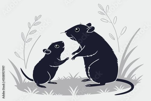 Cartoon rats family illustration with plants in minimalist style on neutral background