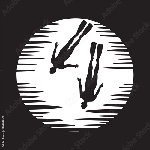 Silhouette of two divers with flippers in a circular frame with a black and white background design