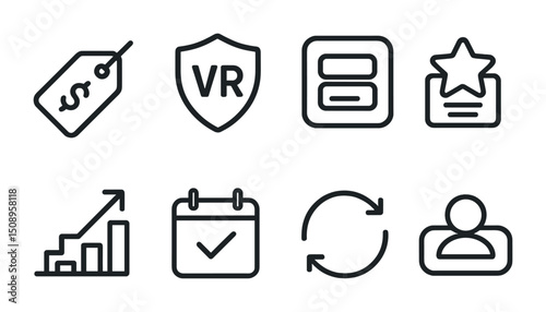 Collection of line icons: price, vr, approval, analytics, and user themes