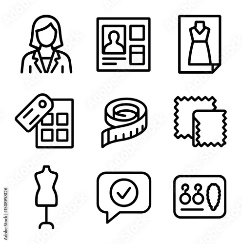 Personal Styling Icon Set. Outline icon set of personal styling session: stylist figure, mood board, outfit sketch, color swatch,
