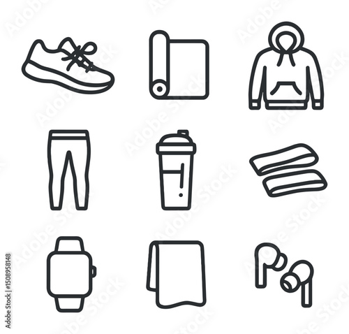 Pre-Workout Icon Set. Outline icon set of pre-workout preparation: shoelaces tied, stretching mat,