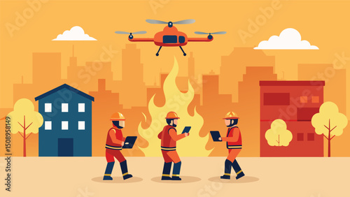 A group of firefighters standing on the ground controlling a firefighting drone as it flies towards a burning building its infrared sensors scanning for any survivors inside.. Vector illustration