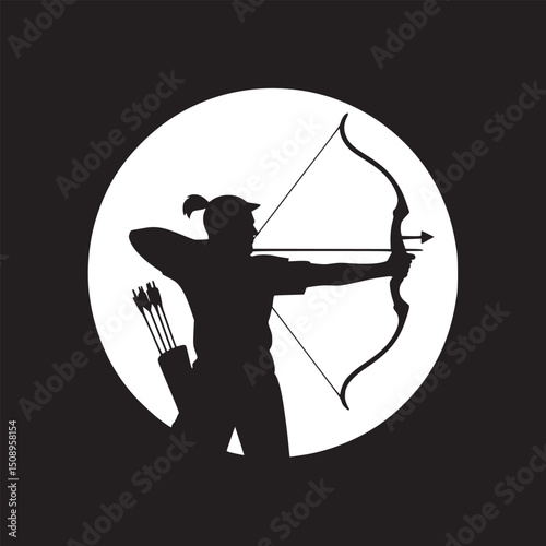 A silhouette of an archer aiming a bow and arrow against a white circle on a black background