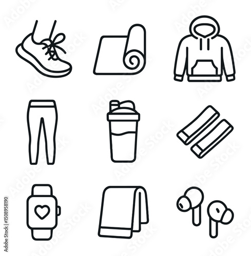 Pre-Workout Icon Set. Outline icon set of pre-workout preparation: shoelaces tied, stretching mat,