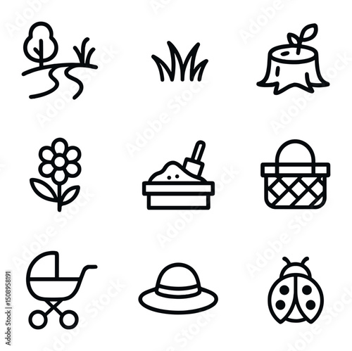 Outdoor Exploration Icons. Outline icon set of outdoor exploration: park path, grass patch, tree stump, flower bloom, sandbox,