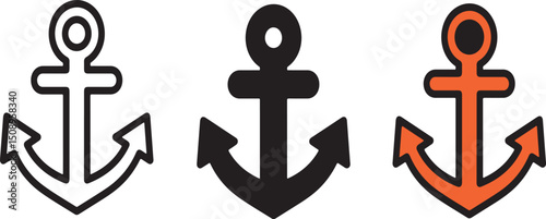 Three stylized anchor icons in various color and outline styles for maritime or nautical designs