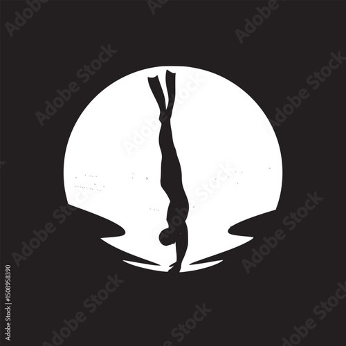 Silhouette of a diver underwater with flippers against a white circle and black background art