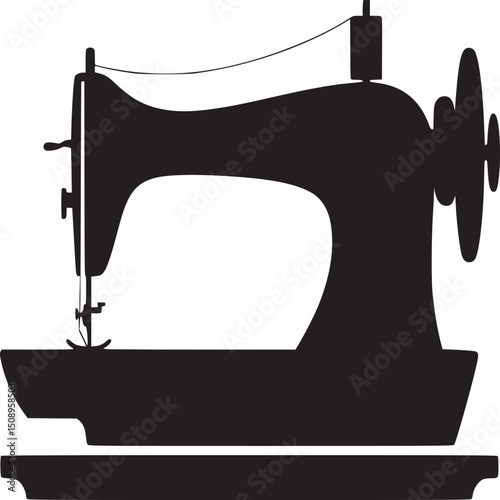 A silhouette of a vintage sewing machine with a wheel and thread spool on a white background