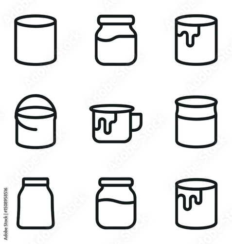 Paint Finishes Icons. Outline icon set of paint types and finishes: matte can, eggshell jar, satin tin, semi-gloss bucket,