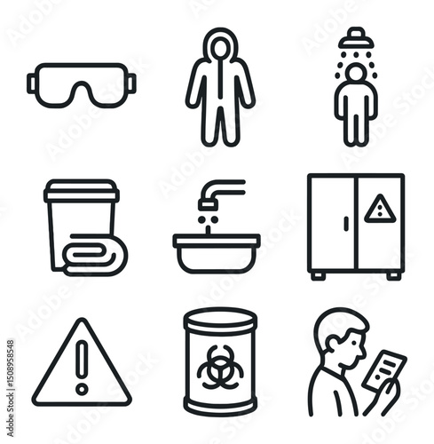 Pesticide Safety Icons. Outline icon set of pesticide safety and stewardship: safety goggles, chemical-resistant suit,