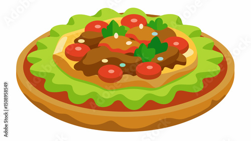 A crisp and crunchy tostada topped with a layer of refried beans diced veggies and a dollop of y salsa.. Vector illustration
