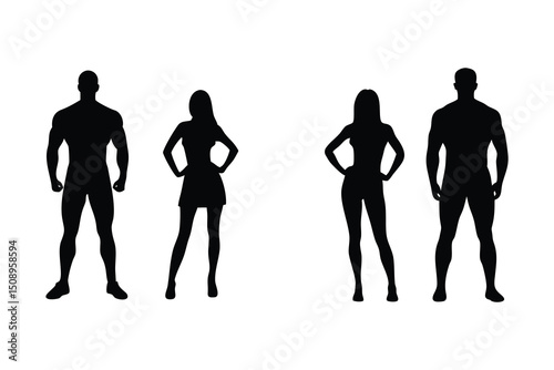 Silhouettes of a fit couple standing confidently in strong gym workout posture