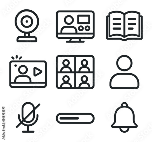 Remote Learning Icons. Outline icon set of remote education tools: webcam icon, virtual classroom