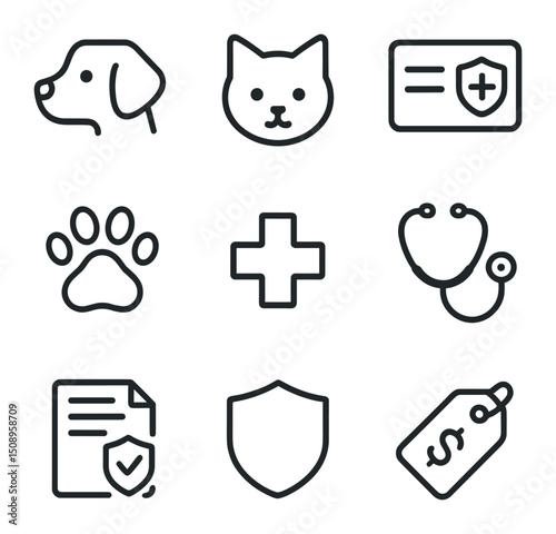 Pet Insurance Icons. Outline icon set of pet insurance plans: dog, cat, policy card, paw print, medical cross, stethoscope, claim
