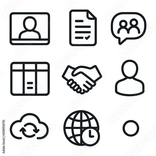 Remote Work Icon Set. Outline icon set of remote team collaboration: video call screen, shared
