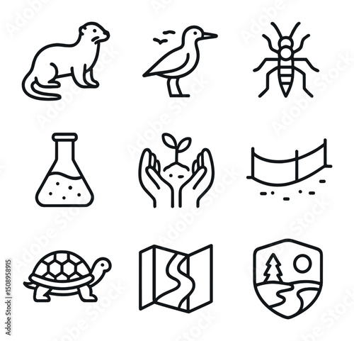 River Conservation Icons. Outline icon set of freshwater habitat restoration: native fish, clean
