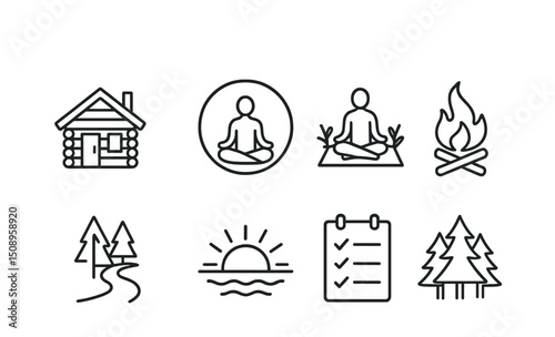 Minimalist icons of meditation, nature, and camping for relaxation themes