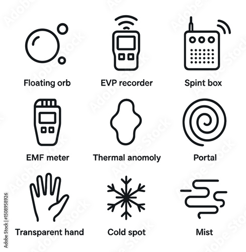 Paranormal Icon Set. Outline icon set of paranormal phenomena: floating orb, EVP recorder, spirit box, EMF meter, thermal anomaly,