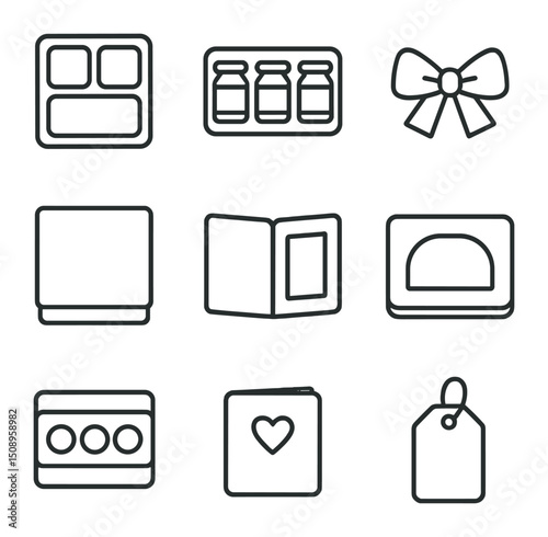 Jam Gift Box Icons. Outline icon set of gift box jam assortments: divided tray, three-jar set, ribbon bow, box lid, product insert