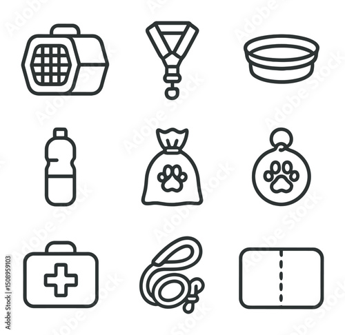 Pet Travel Essentials Icons. Outline icon set of pet travel accessories: travel crate, seat belt harness, portable bowl, water