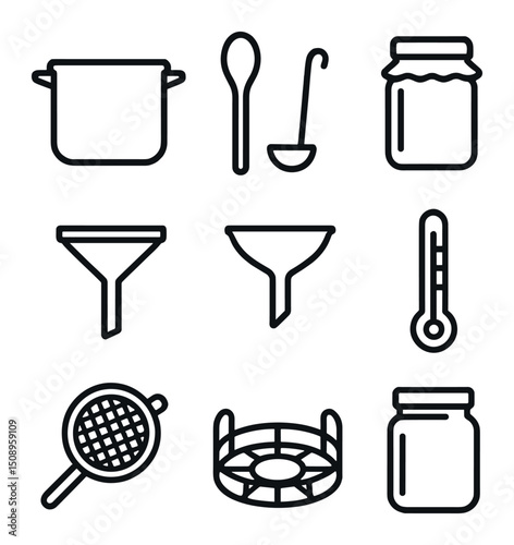 Jam Making Icons. Outline icon set of jam making equipment: mixing pot, wooden spoon, sterilizing jar, funnel, ladle, thermometer,