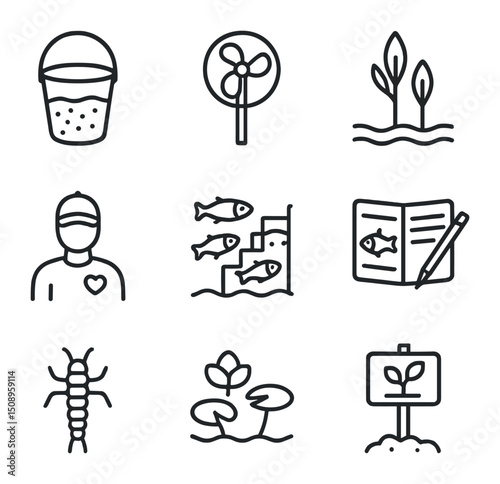 River Health Icons. Outline icon set of healthy river system monitoring: sediment trap, flow meter,