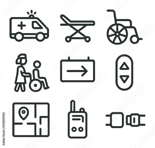 Patient Transport Icons. Outline icon set of patient transport services: ambulance van, stretcher trolley, wheelchair, escort