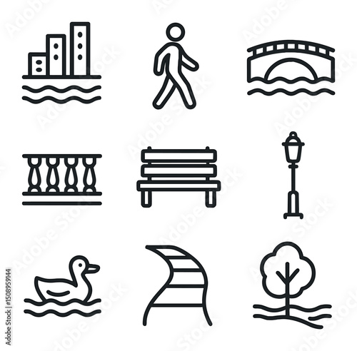 Riverside Walk Icons. Outline icon set of riverside walk: city river, walking person, stone bridge,