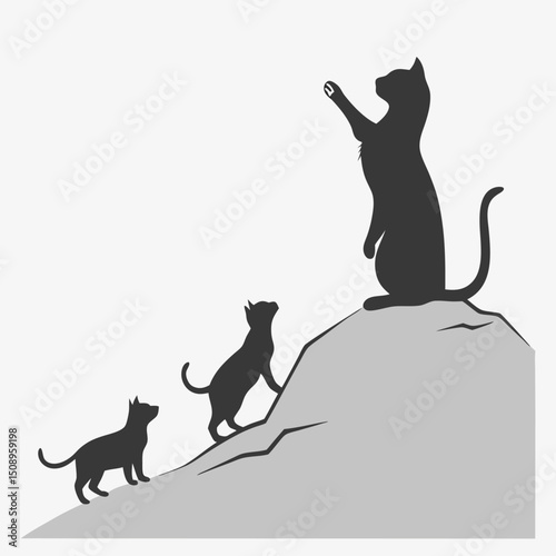 Cats climbing mountain silhouette playful felines reaching the top adventure graphic