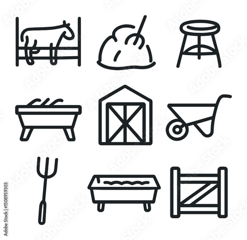 Rural Farm Icons. Outline icon set of rural farm life: cow in stall, haystack, milking stool,