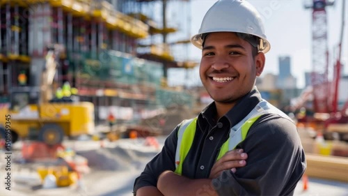 Confident construction worker smiling at the site, showcasing teamwork and dedication to building projects.