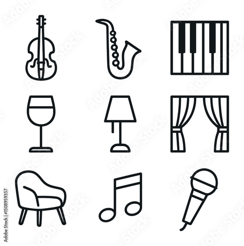 Jazz Club Icon Set. Outline icon set of jazz club ambiance: upright bass, saxophone, piano keys, wine glass, low table lamp,