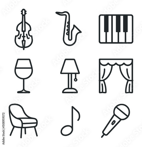 Jazz Club Icon Set. Outline icon set of jazz club ambiance: upright bass, saxophone, piano keys, wine glass, low table lamp,