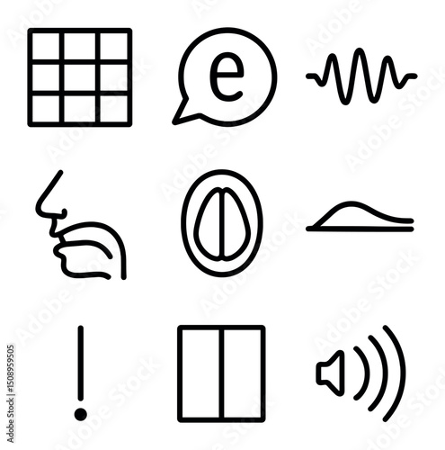Phonetics Icon Set. Outline icon set of phonetics and phonology: IPA chart cell, phoneme bubble, waveform graph, tongue-placement