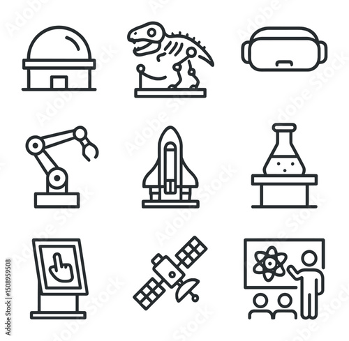 Science Museum Icons. Outline icon set of science and technology museums: planetarium dome, fossil