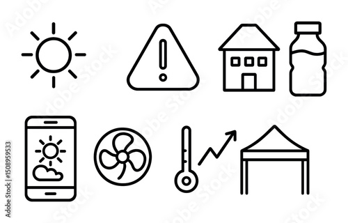 Summer heat precautions icons for weather awareness and safety design