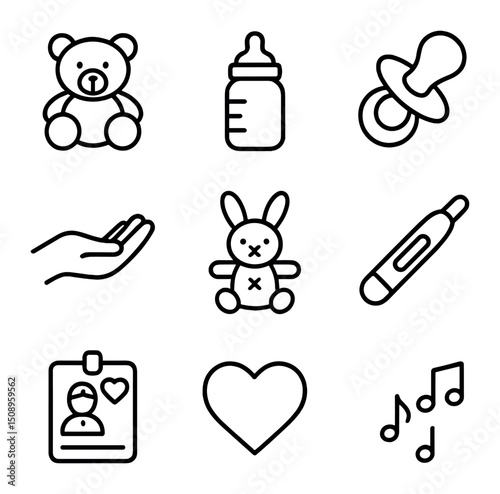 Pediatric Nursing Icons. Outline icon set of pediatric compassionate nursing: teddy bear, baby bottle, pacifier, gentle hand, soft