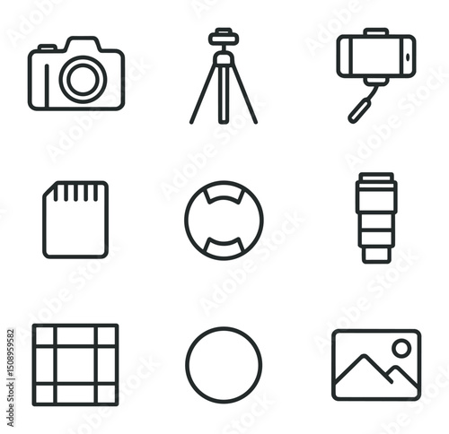 Photography Icon Set. Outline icon set of photography & capturing moments: DSLR camera, tripod, selfie stick, memory card, lens