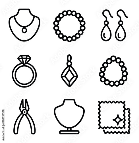 Jewelry Craft Icons. Outline icon set of handmade jewelry crafts: necklace, bracelet, earrings, ring, pendant, beads, pliers,