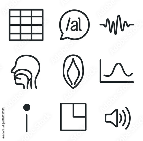 Phonetics Icon Set. Outline icon set of phonetics and phonology: IPA chart cell, phoneme bubble, waveform graph, tongue-placement