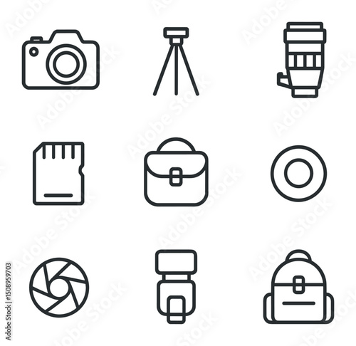 Photography Gear Icons. Outline icon set of man nature photography: DSLR camera, tripod, telephoto lens, memory card, camera bag,