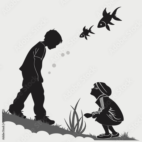Children contemplating fish silhouette illustration boy and girl watching fish