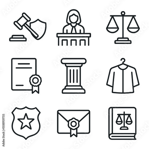 Judicial Icon Set. Outline icon set of judicial independence: gavel and shield, judge’s bench, impartial scales, tenure