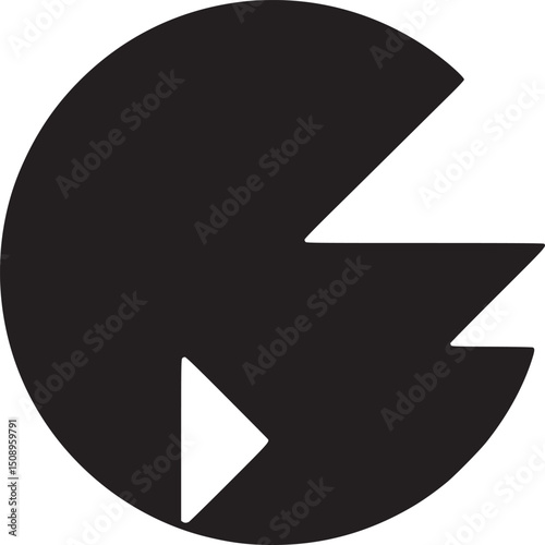 A graphic representation of a black circle with a white triangle and wedge cutouts on a white background